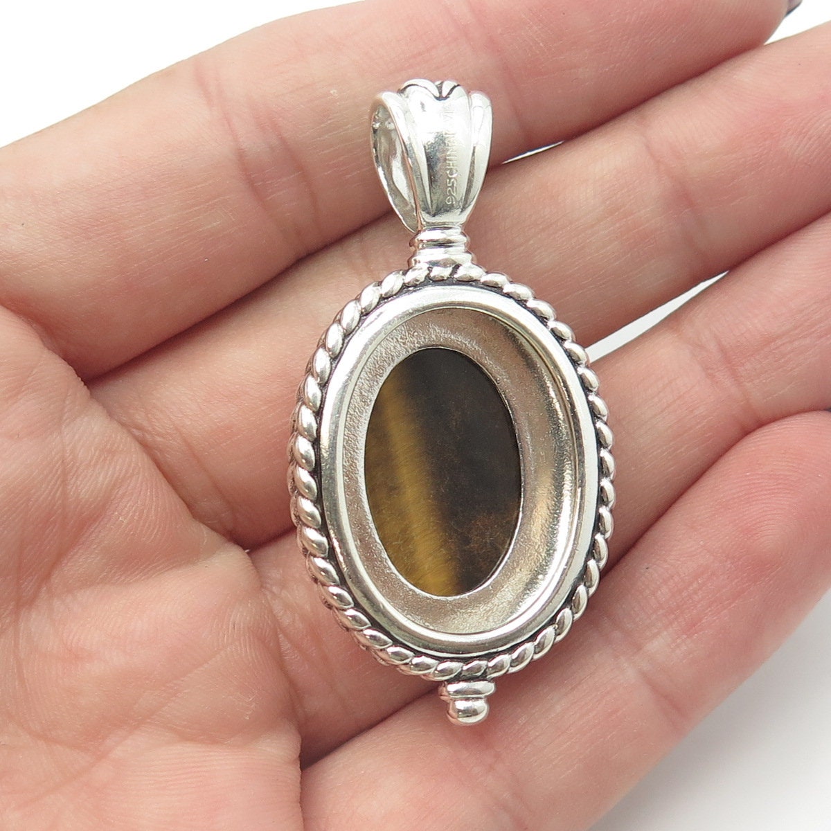 925 Sterling Silver Vintage Real Tiger Eye Gemstone Pendant