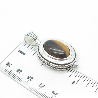 925 Sterling Silver Vintage Real Tiger Eye Gemstone Pendant
