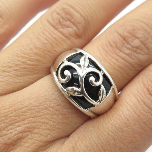 925 Sterling Silver Vintage Real Black Onyx Gem Floral Ring Size 7