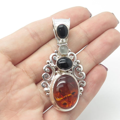 SUARTI BALI 925 Sterling Silver Vintage Black Onyx Amber Clear Quartz Pendant