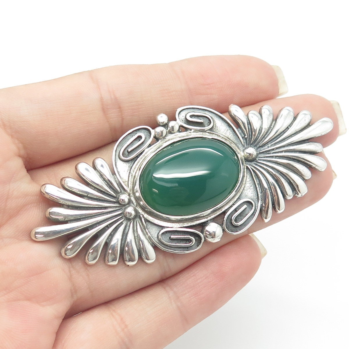 925 Sterling Silver Vintage Mexico Real Cabochon Agate Floral Swirl Pin Brooch
