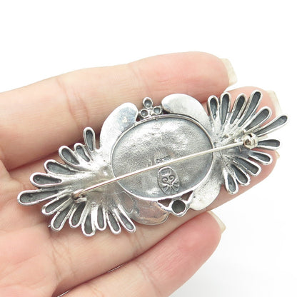925 Sterling Silver Vintage Mexico Real Cabochon Agate Floral Swirl Pin Brooch