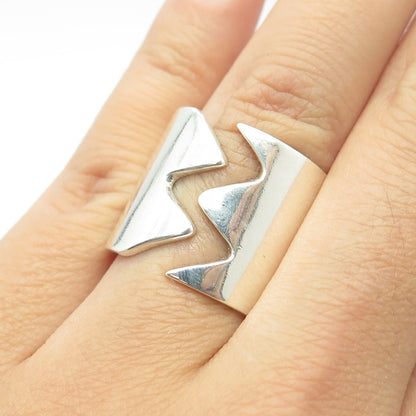 925 Sterling Silver Vintage Modernist Adjustable Zig-Zag Ring Size 8