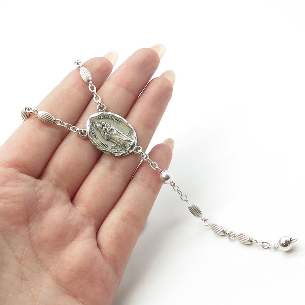 CREED 925 Sterling Silver Antique Art Deco St. Mary & Jesus Rosary Chain 32"