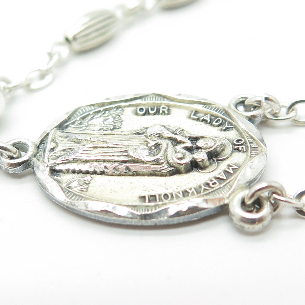 CREED 925 Sterling Silver Antique Art Deco St. Mary & Jesus Rosary Chain 32"
