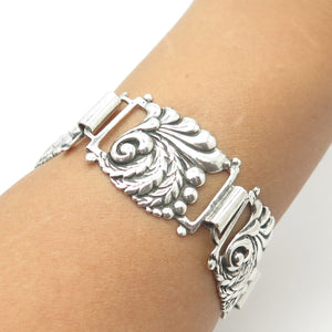 925 Sterling Silver Vintage Victorian Floral Panel Link Bracelet 7"