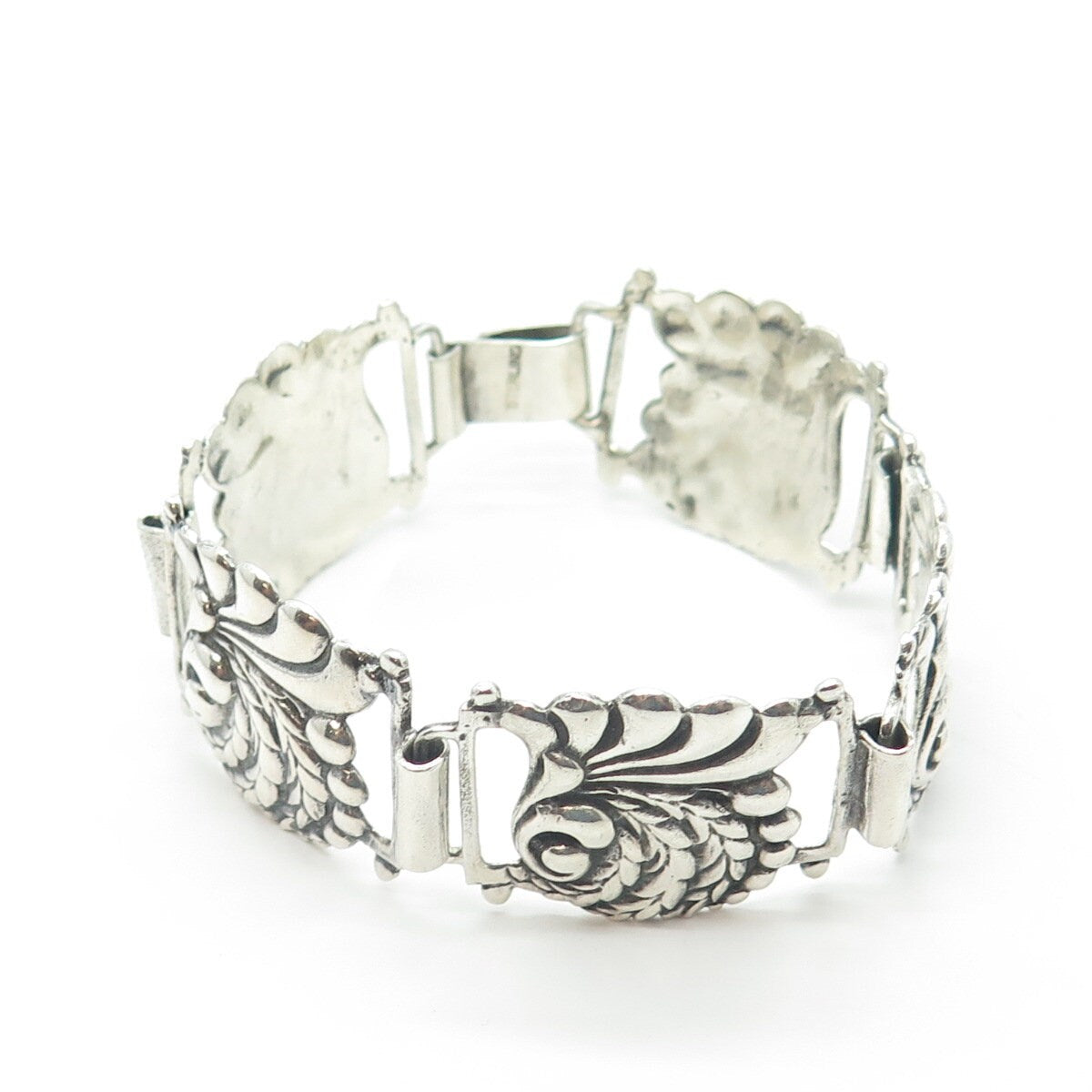 925 Sterling Silver Vintage Victorian Floral Panel Link Bracelet 7"
