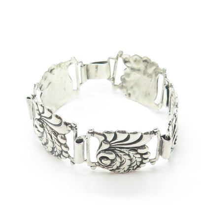 925 Sterling Silver Vintage Victorian Floral Panel Link Bracelet 7"