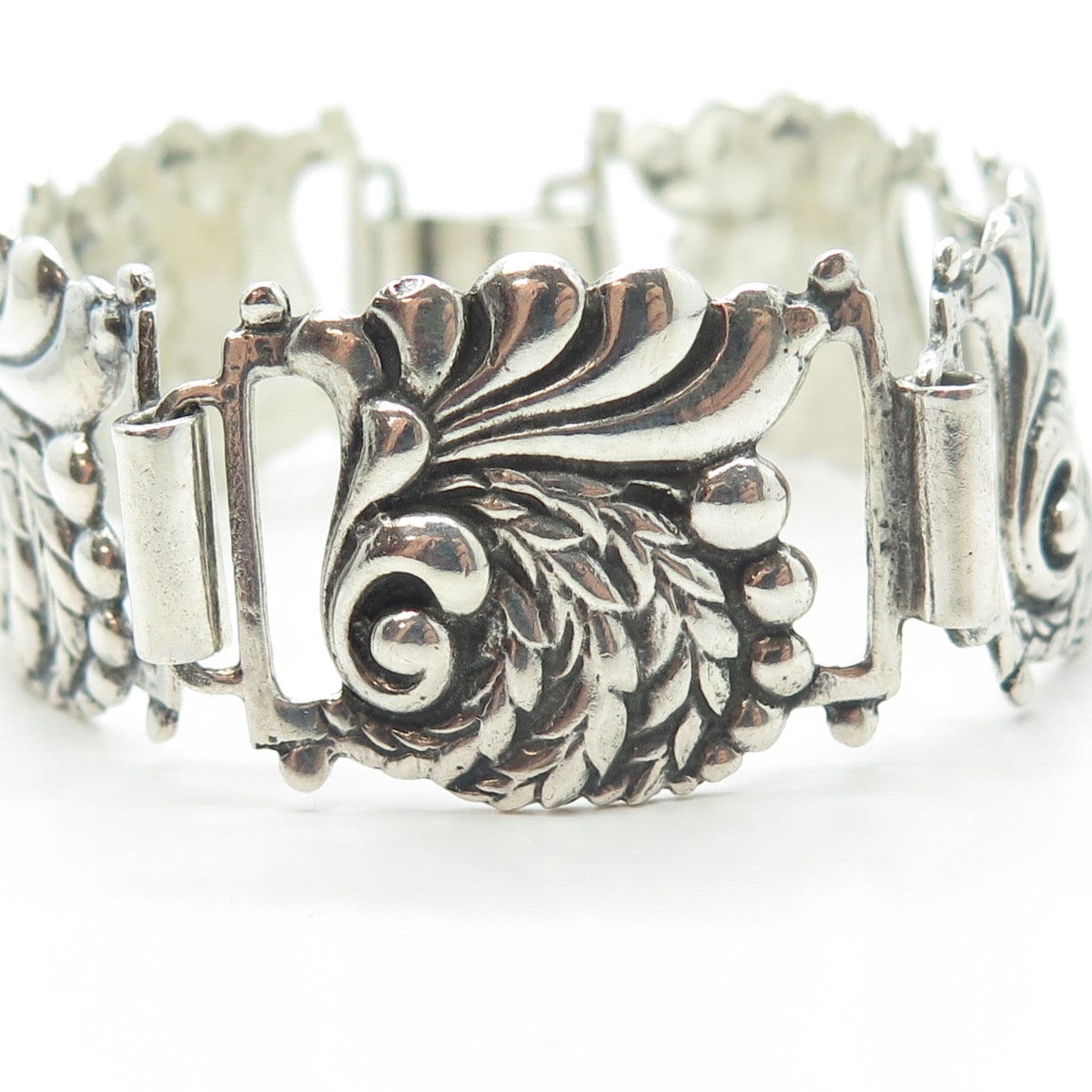 925 Sterling Silver Vintage Victorian Floral Panel Link Bracelet 7"