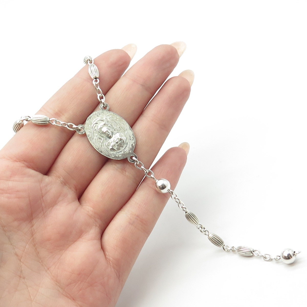 CREED 925 Sterling Silver Antique Art Deco St. Mary & Jesus Rosary Chain 32"
