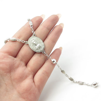 CREED 925 Sterling Silver Antique Art Deco St. Mary & Jesus Rosary Chain 32"