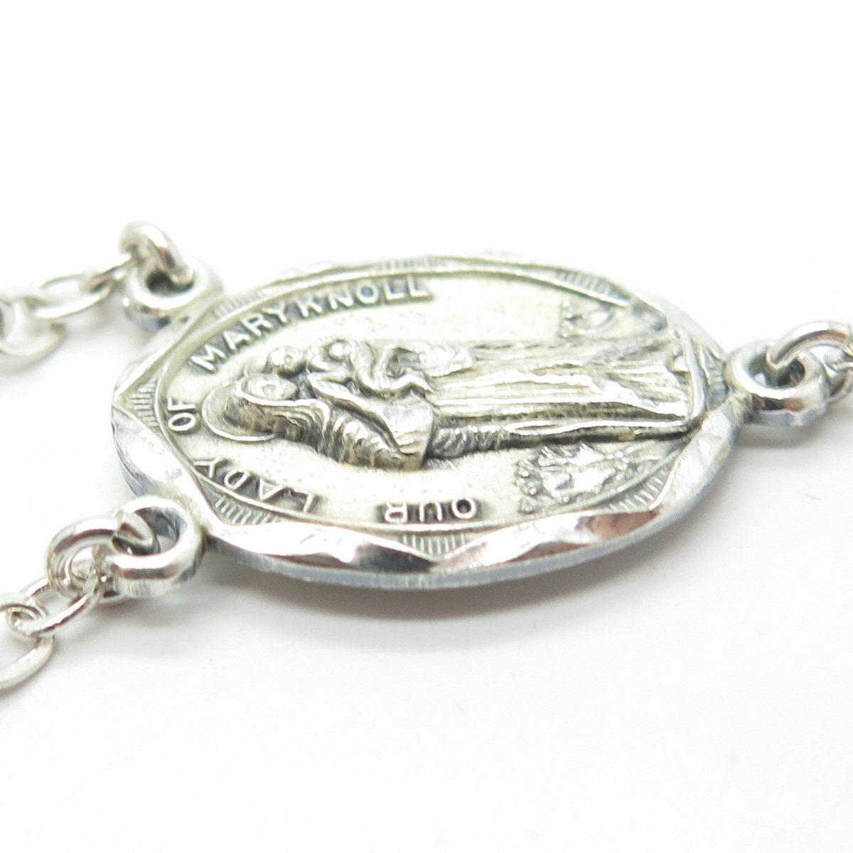 CREED 925 Sterling Silver Antique Art Deco St. Mary & Jesus Rosary Chain 32"