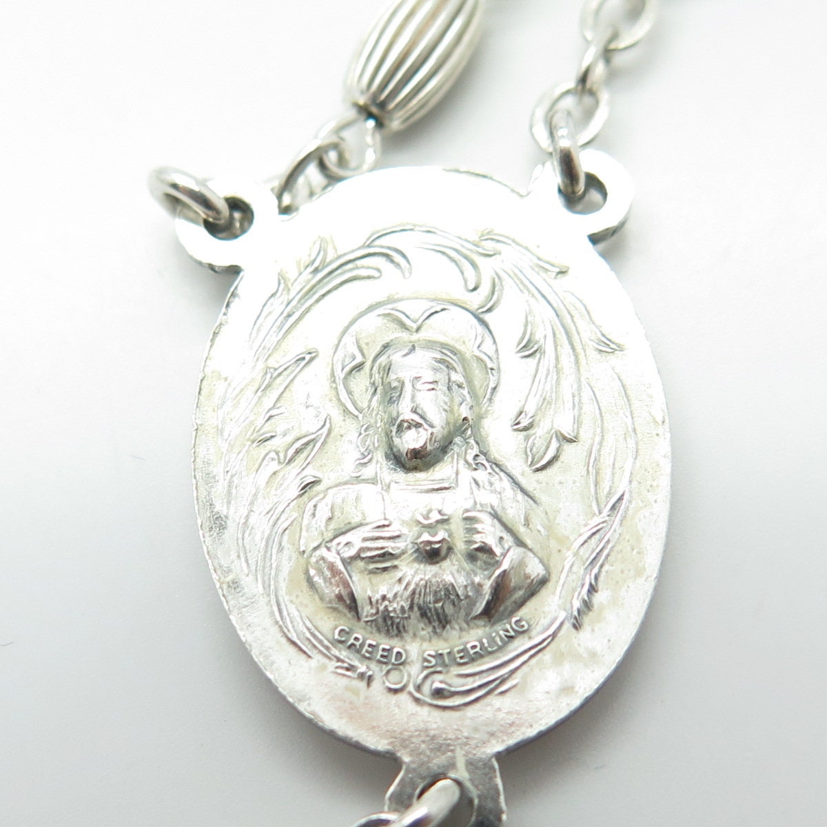 CREED 925 Sterling Silver Antique Art Deco St. Mary & Jesus Rosary Chain 32"