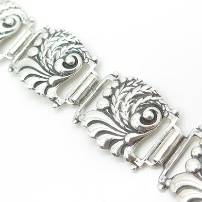 925 Sterling Silver Vintage Victorian Floral Panel Link Bracelet 7"
