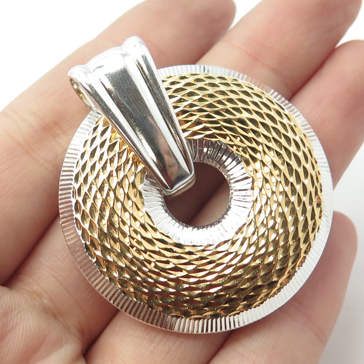 925 Sterling Silver 2-Tone Vintage Textured Round Pendant
