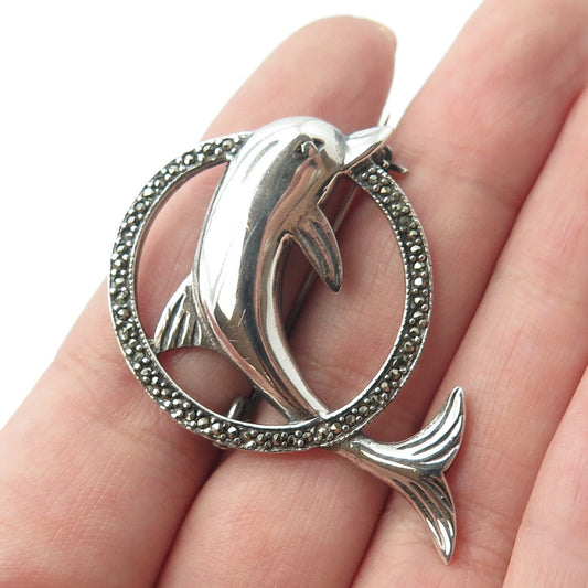 800 Silver Vintage Real Marcasite Gemstone Friendly Dolphin Pin Brooch