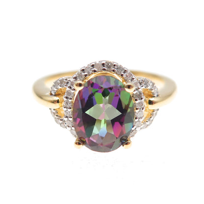 Sai 925 Sterling Silver Gold Plated Real Diamond & Mystic Topaz Ring Size 7