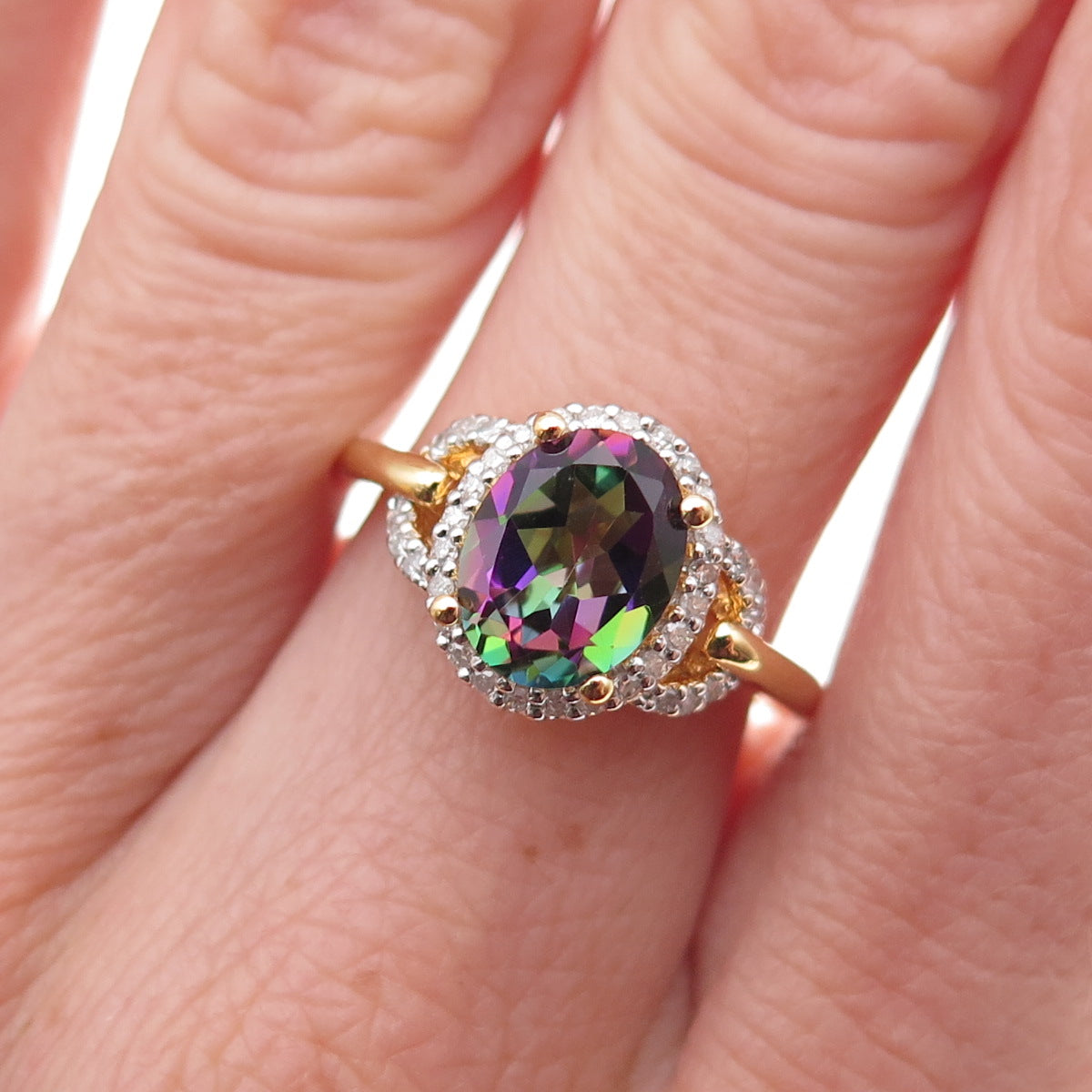 Sai 925 Sterling Silver Gold Plated Real Diamond & Mystic Topaz Ring Size 7