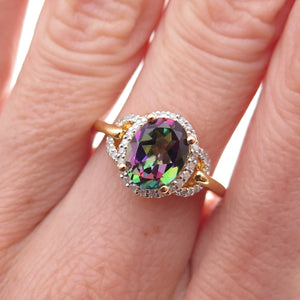 Sai 925 Sterling Silver Gold Plated Real Diamond & Mystic Topaz Ring Size 7