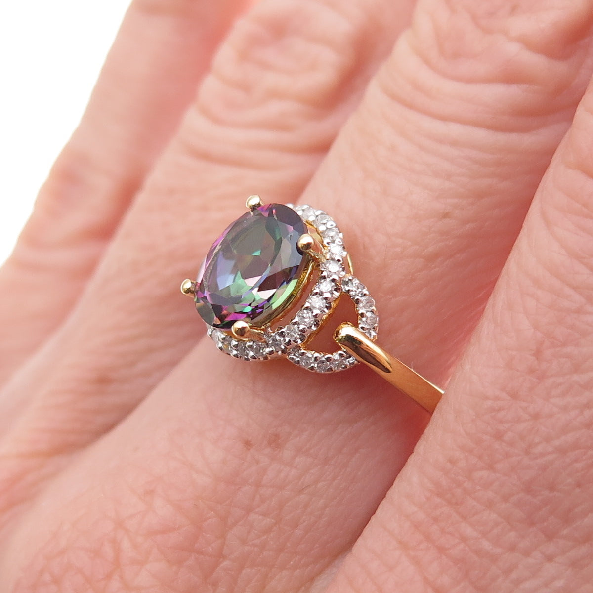 Sai 925 Sterling Silver Gold Plated Real Diamond & Mystic Topaz Ring Size 7