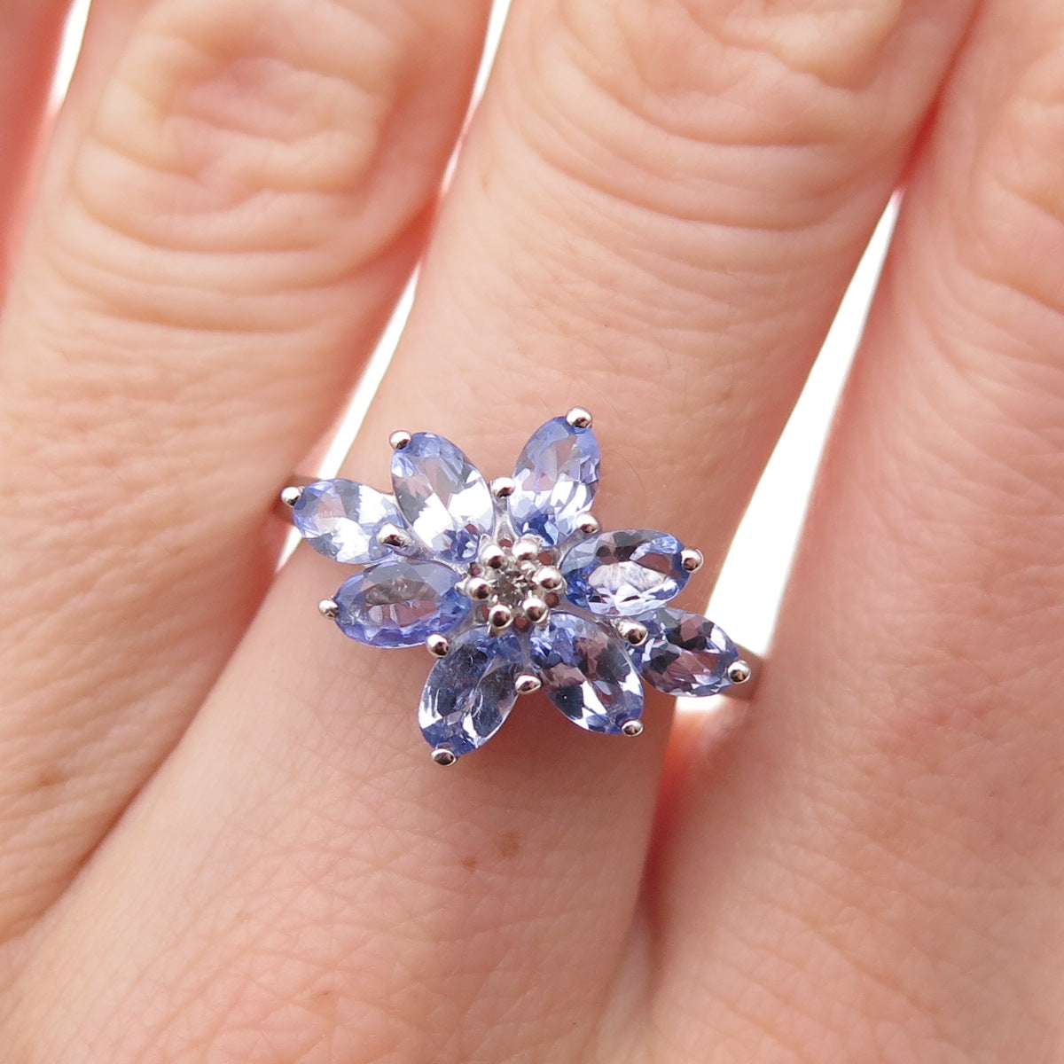925 Sterling Silver Real Tanzanite & White Topaz Floral Ring Size 8