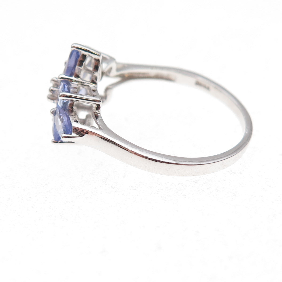 925 Sterling Silver Real Tanzanite & White Topaz Floral Ring Size 8