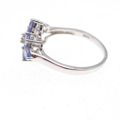 925 Sterling Silver Real Tanzanite & White Topaz Floral Ring Size 8