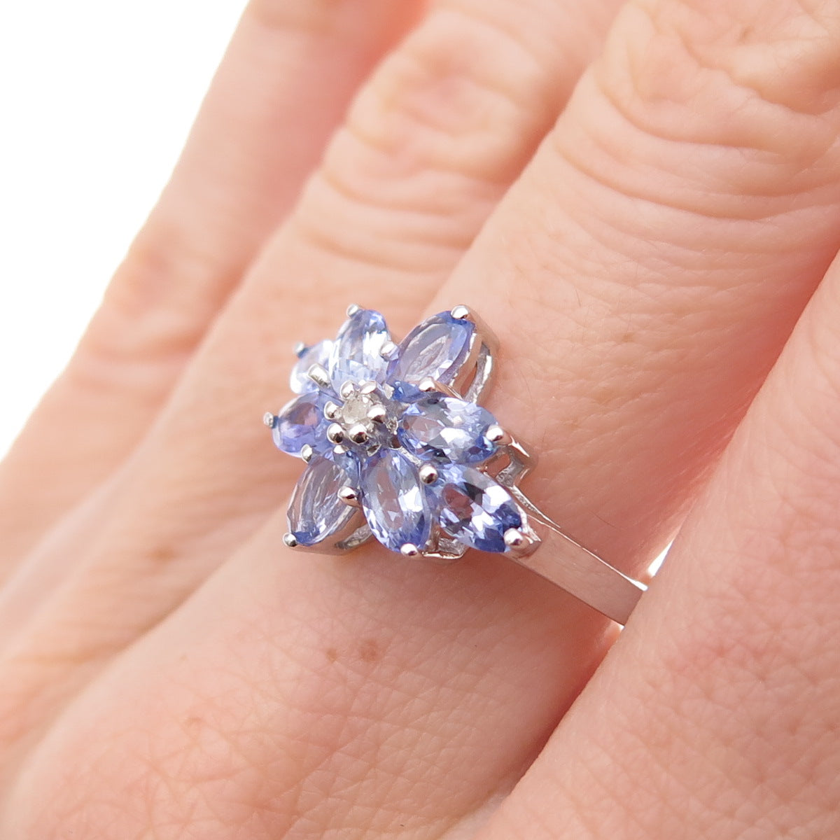 925 Sterling Silver Real Tanzanite & White Topaz Floral Ring Size 8