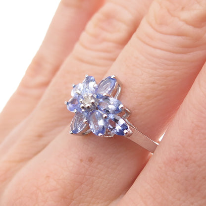 925 Sterling Silver Real Tanzanite & White Topaz Floral Ring Size 8