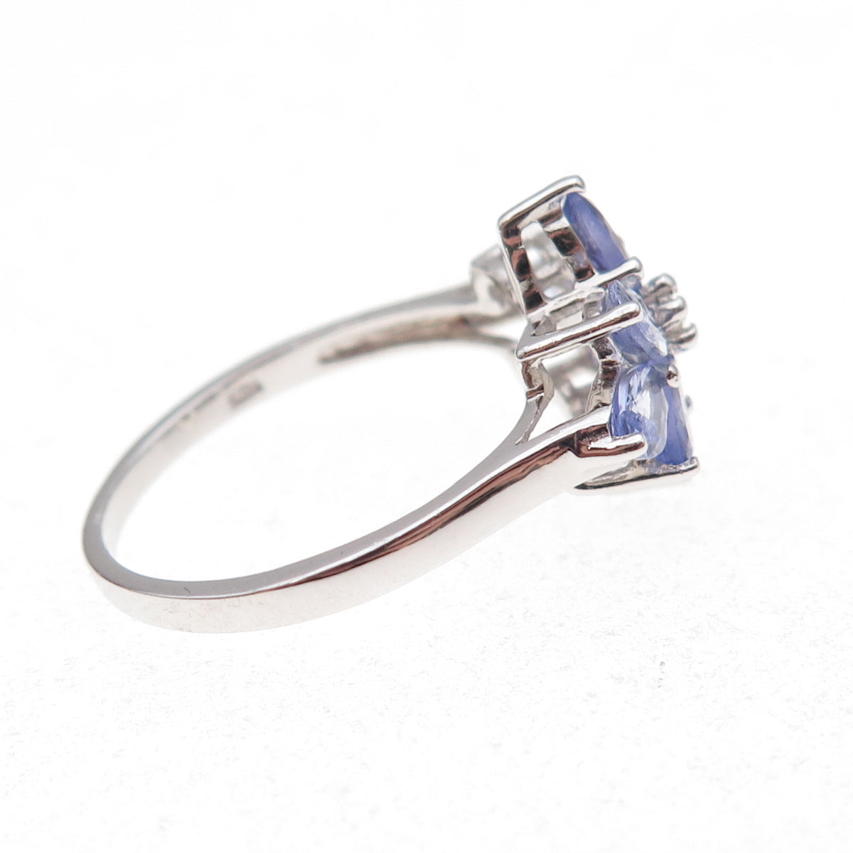 925 Sterling Silver Real Tanzanite & White Topaz Floral Ring Size 8