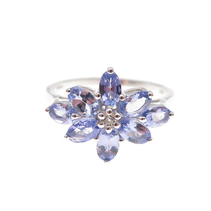 925 Sterling Silver Real Tanzanite & White Topaz Floral Ring Size 8