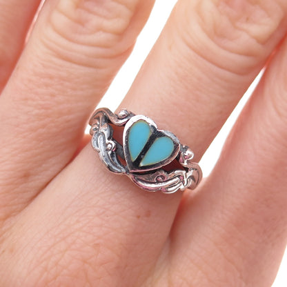 925 Sterling Silver Vintage Real Turquoise Heart Oxidized Ring Size 6.75