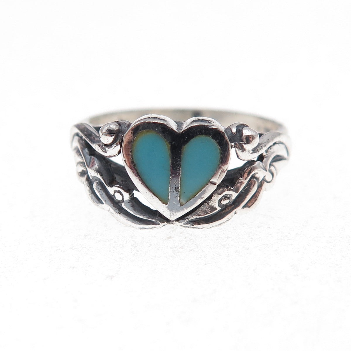 925 Sterling Silver Vintage Real Turquoise Heart Oxidized Ring Size 6.75