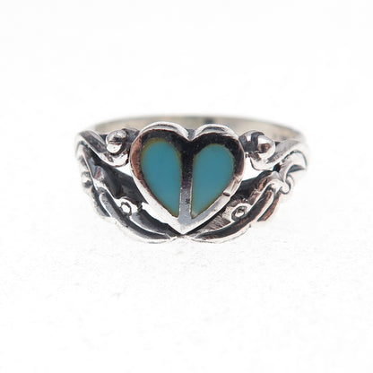 925 Sterling Silver Vintage Real Turquoise Heart Oxidized Ring Size 6.75