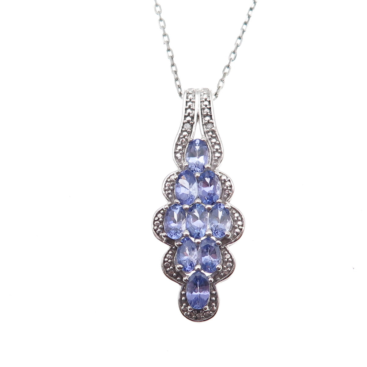 925 Sterling Silver Real Diamond & Tanzanite Cable Chain Necklace 18"