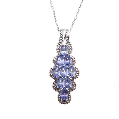 925 Sterling Silver Real Diamond & Tanzanite Cable Chain Necklace 18"