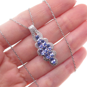 925 Sterling Silver Real Diamond & Tanzanite Cable Chain Necklace 18"
