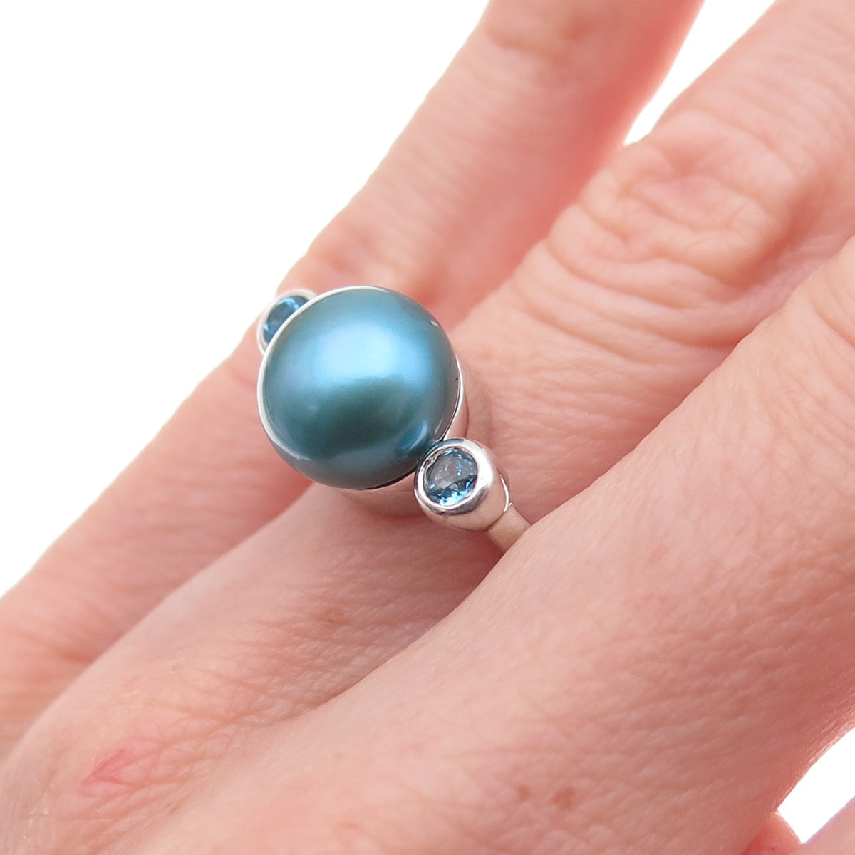925 Sterling Silver Real Pearl & Blue Topaz Ring Size 6