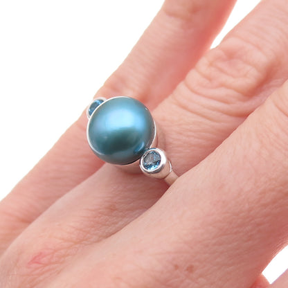 925 Sterling Silver Real Pearl & Blue Topaz Ring Size 6