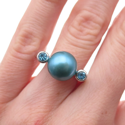925 Sterling Silver Real Pearl & Blue Topaz Ring Size 6