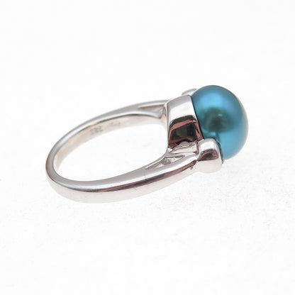 925 Sterling Silver Real Pearl & Blue Topaz Ring Size 6