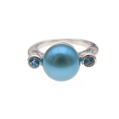 925 Sterling Silver Real Pearl & Blue Topaz Ring Size 6