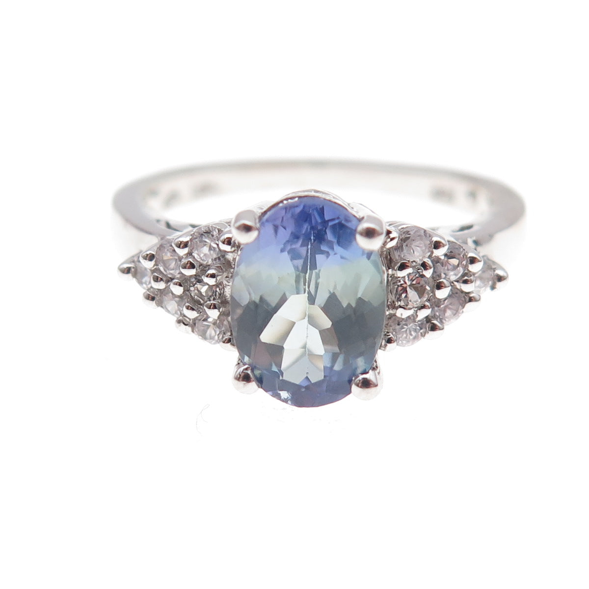Chuck Clemency 925 Sterling Silver Real Tanzanite & White Topaz Ring Size 8
