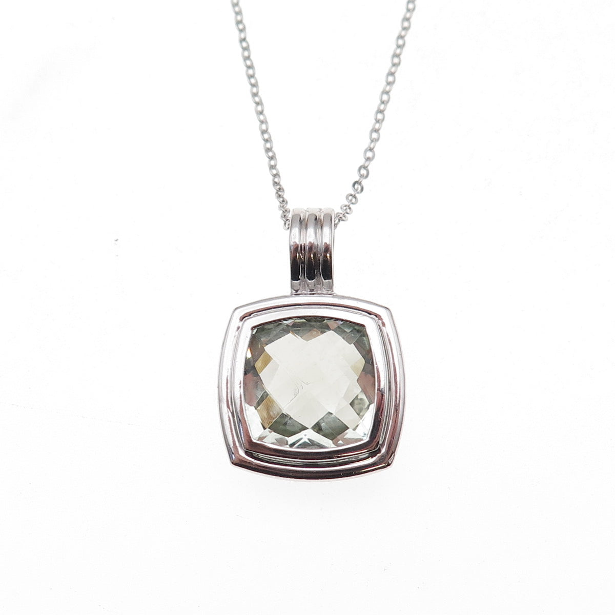925 Sterling Silver Mexico Real Green Amethyst Cable Chain Necklace 18"