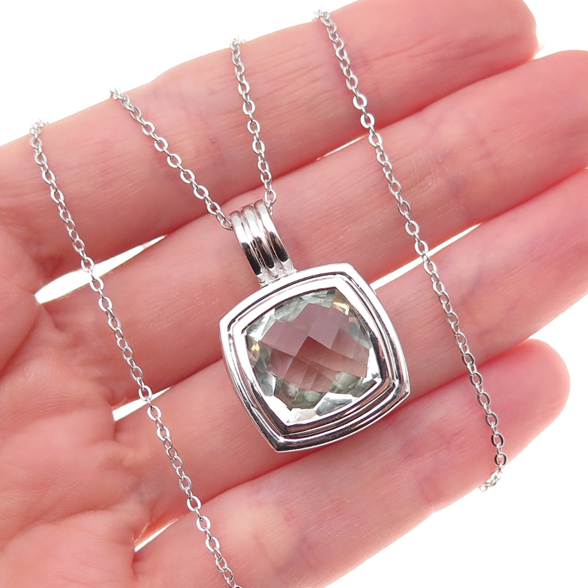 925 Sterling Silver Mexico Real Green Amethyst Cable Chain Necklace 18"