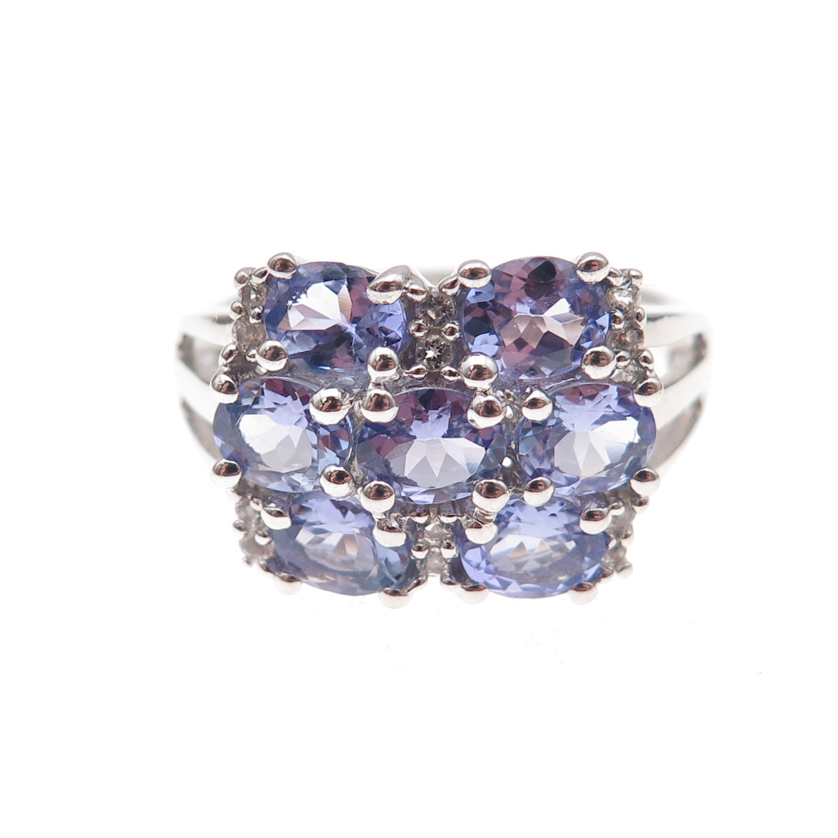 925 Sterling Silver Real Tanzanite & White Topaz Cluster Ring Size 8