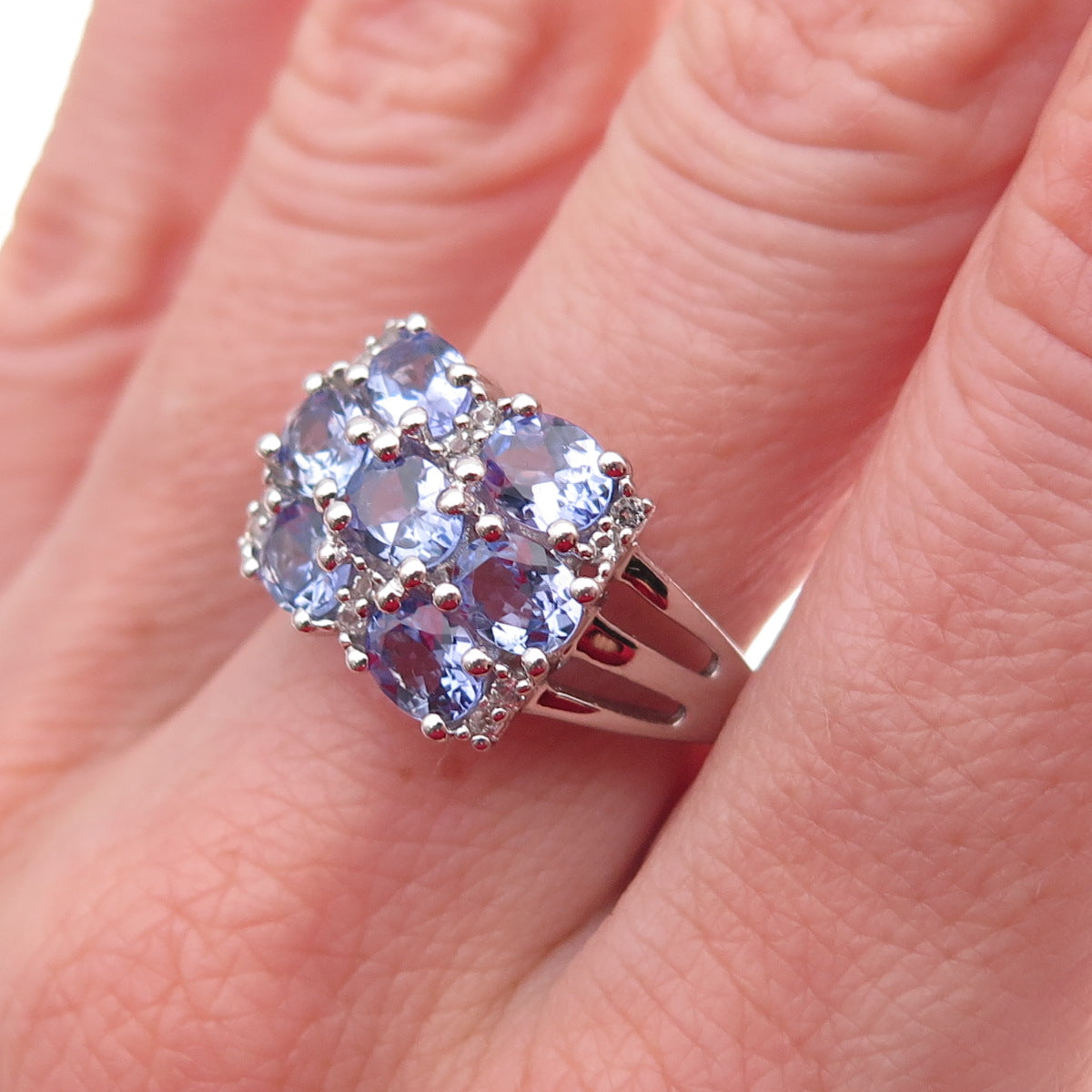 925 Sterling Silver Real Tanzanite & White Topaz Cluster Ring Size 8