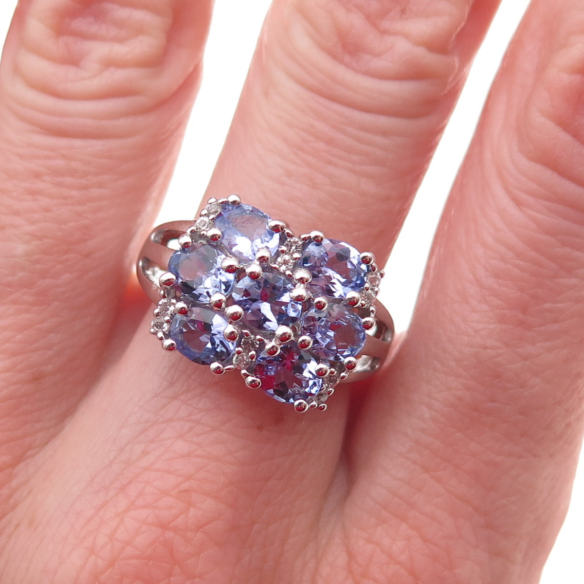 925 Sterling Silver Real Tanzanite & White Topaz Cluster Ring Size 8