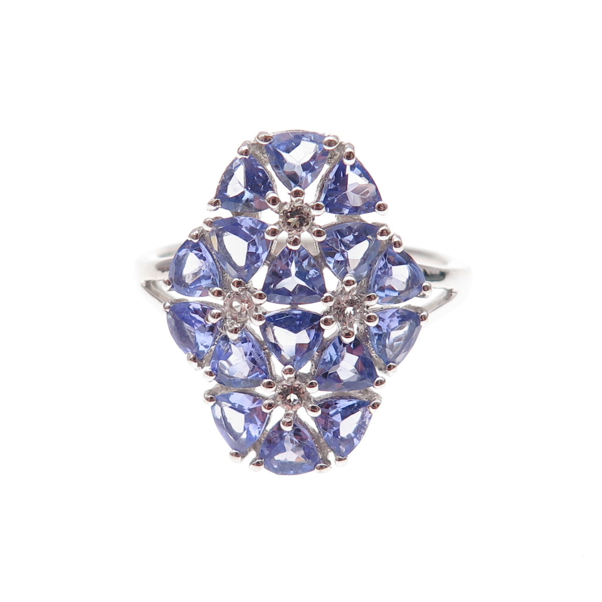 925 Sterling Silver Real Tanzanite & White Topaz Cluster Ring Size 8.25