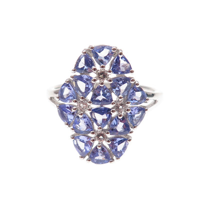 925 Sterling Silver Real Tanzanite & White Topaz Cluster Ring Size 8.25